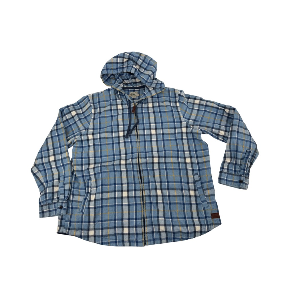L.L.Bean Flannel Hoodie Mens XL Blue Plaid Relaxed Fit Full Zip Lightweight